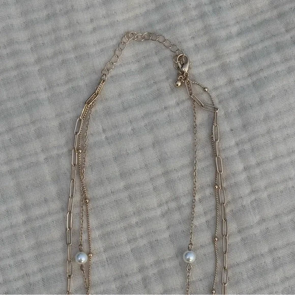 Gold-Tone Multi-Layer Stacked Chain Necklace With Faux Pearls & Heart Charms - Picture 3 of 4